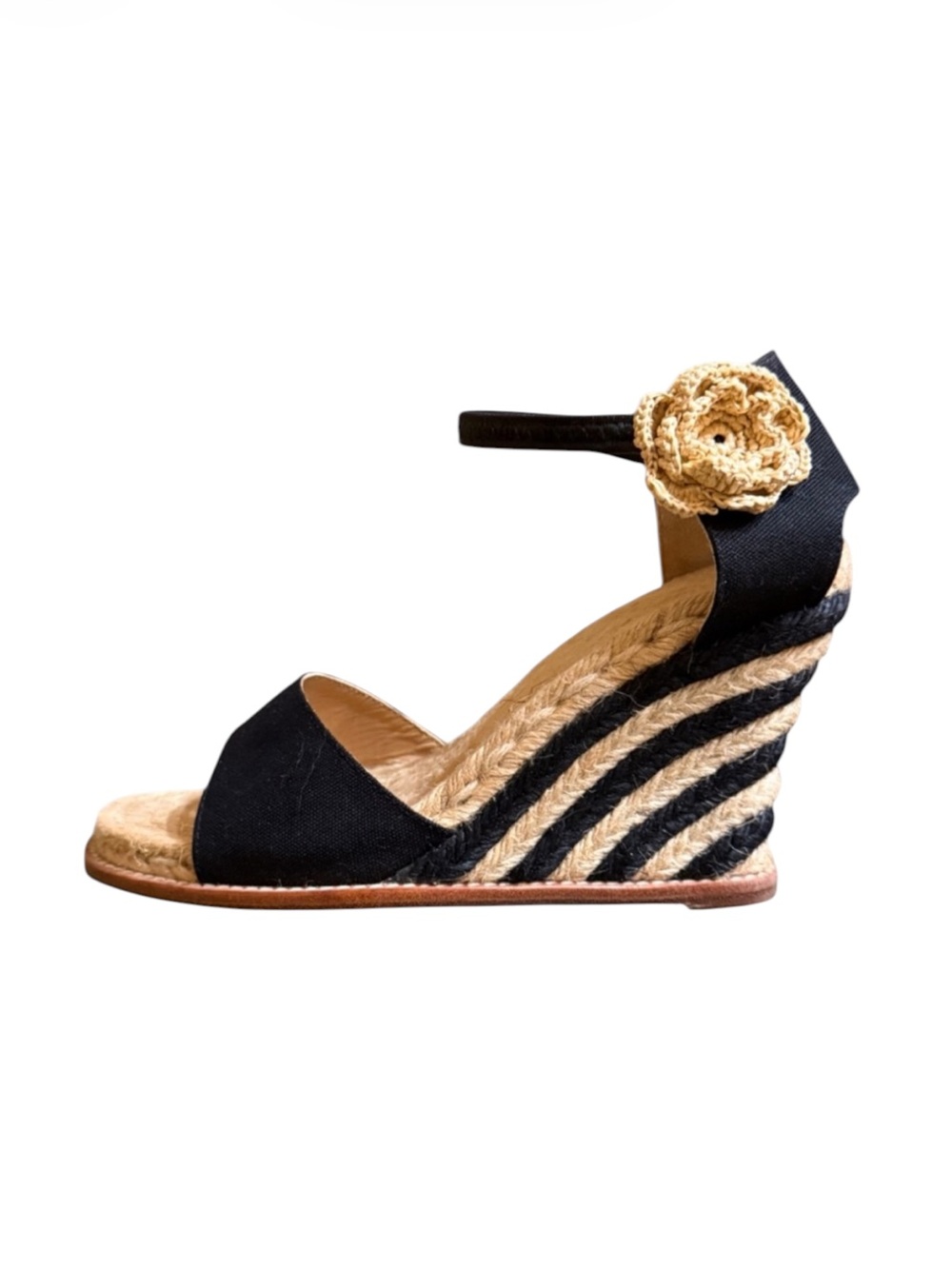 Vintage Kate Spade Grenada Black Canvas Espadrille  Tan Black Wedge Ankle Strap